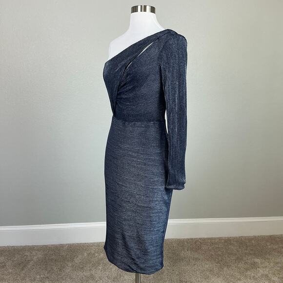 Betsy & Adam Metallic One Shoulder Midi Sheath Cocktail Party Dress Blue Size 6 - Picture 4 of 11